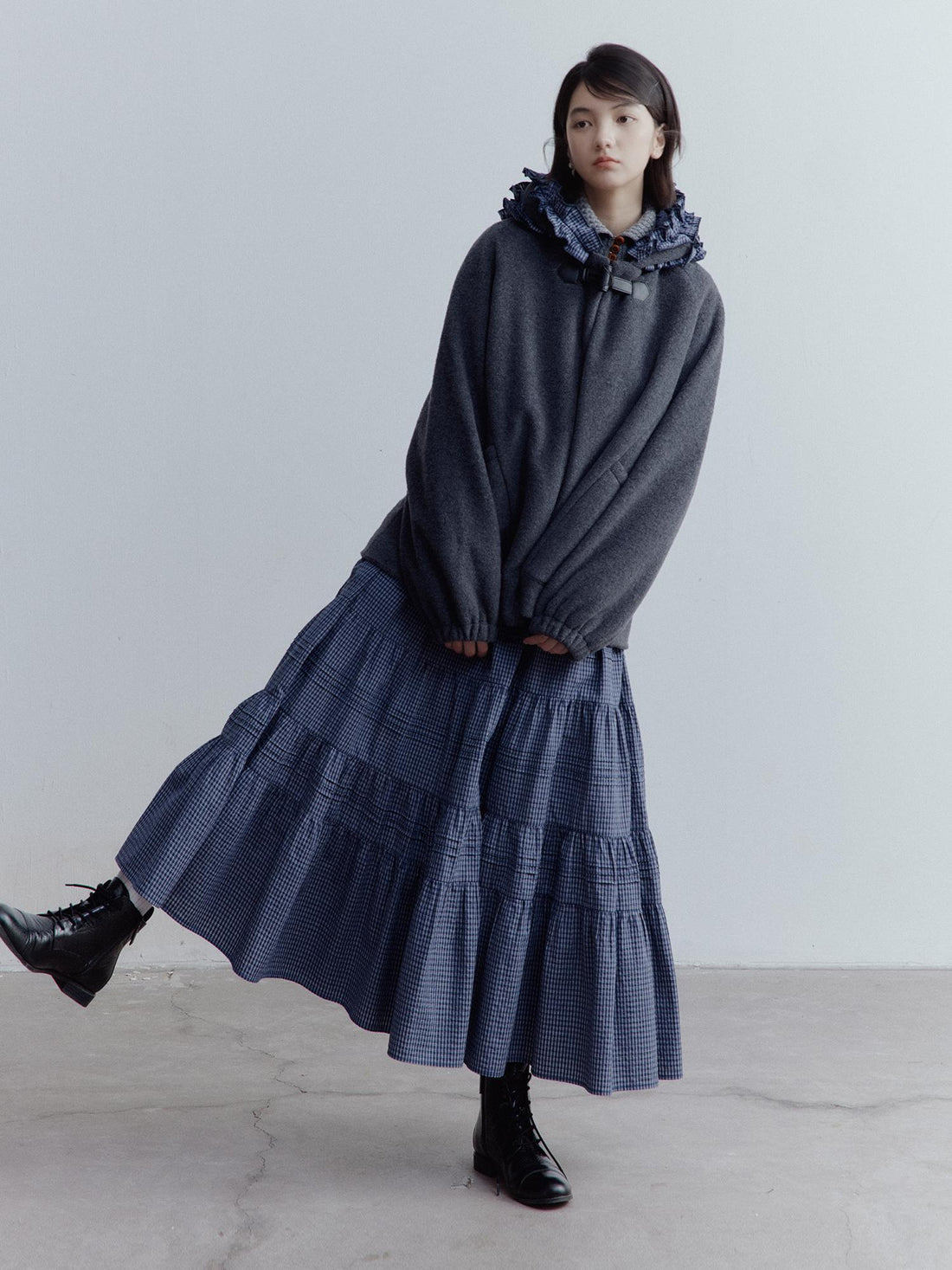 FUSSED Wool Blend Hooded Coat with Layered Ruffle Trim and Patch Pockets