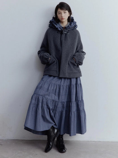 Wool Blend Hooded Coat with Layered Ruffle Trim and Patch Pockets