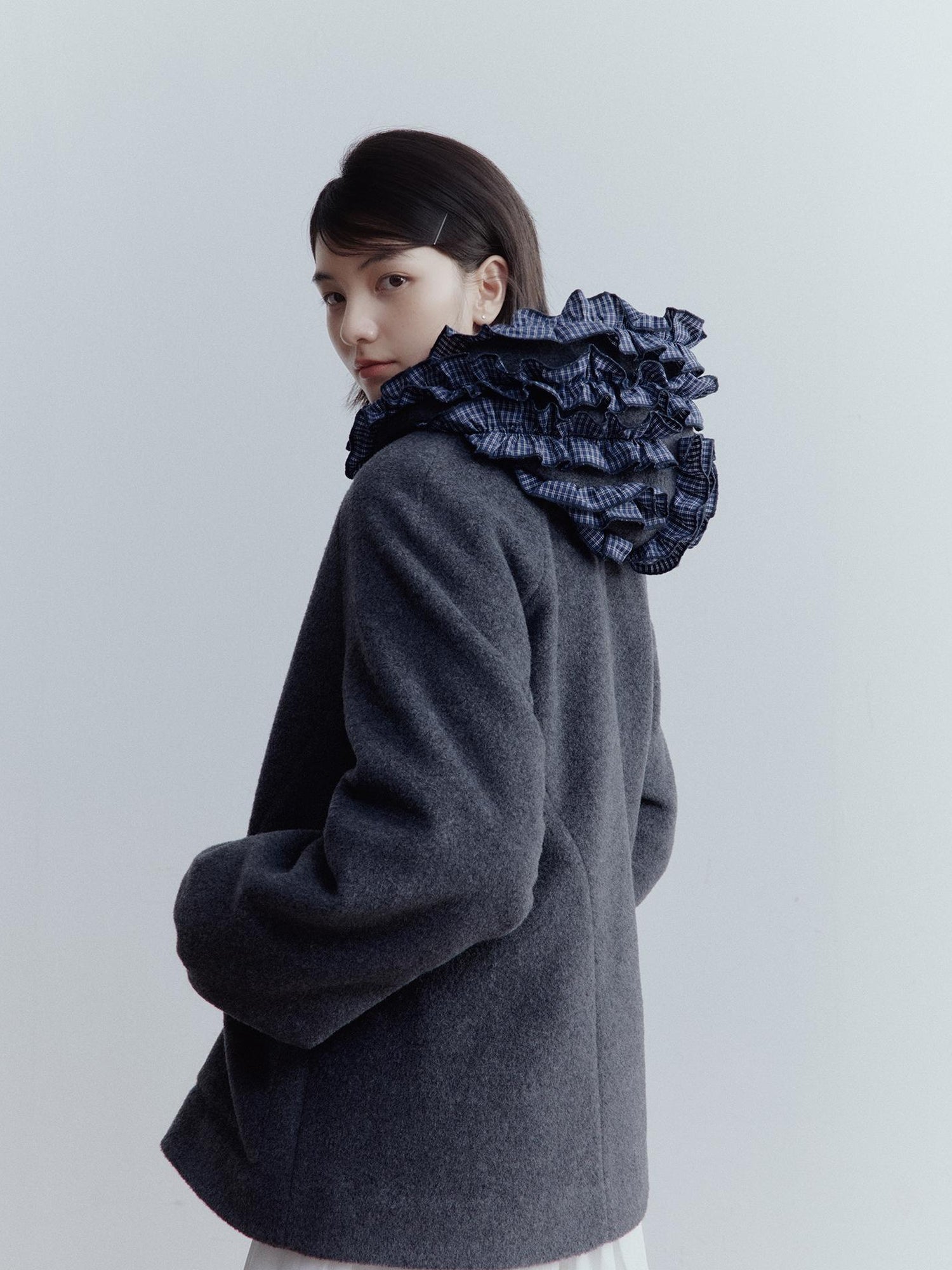FUSSED Wool Blend Hooded Coat with Layered Ruffle Trim and Patch Pockets