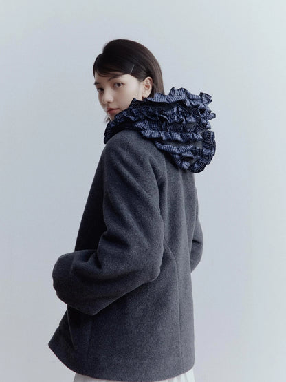 Wool Blend Hooded Coat with Layered Ruffle Trim and Patch Pockets