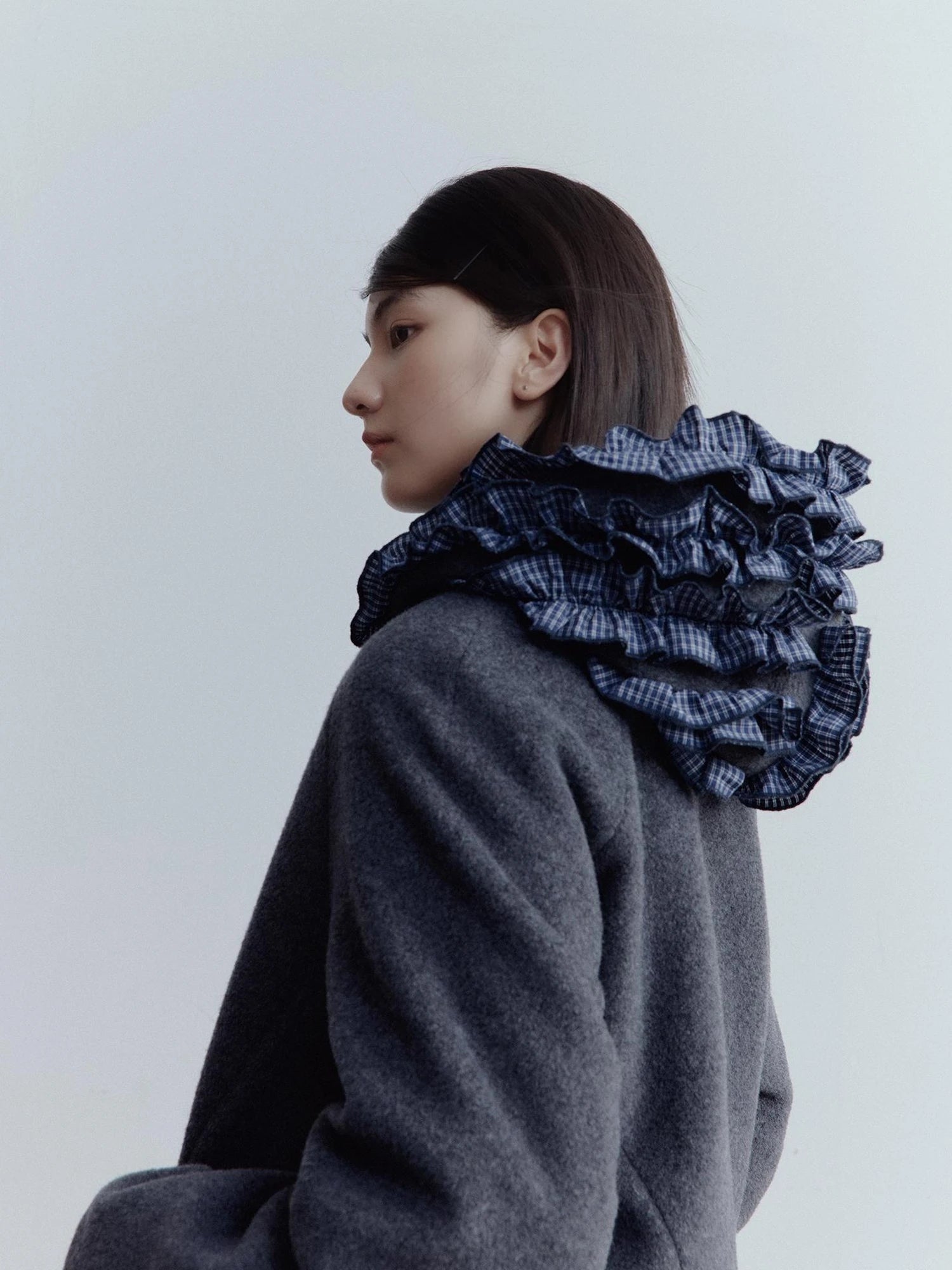 Wool Blend Hooded Coat with Layered Ruffle Trim and Patch Pockets