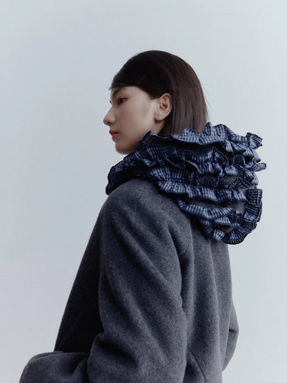 Wool Blend Hooded Coat with Layered Ruffle Trim and Patch Pockets