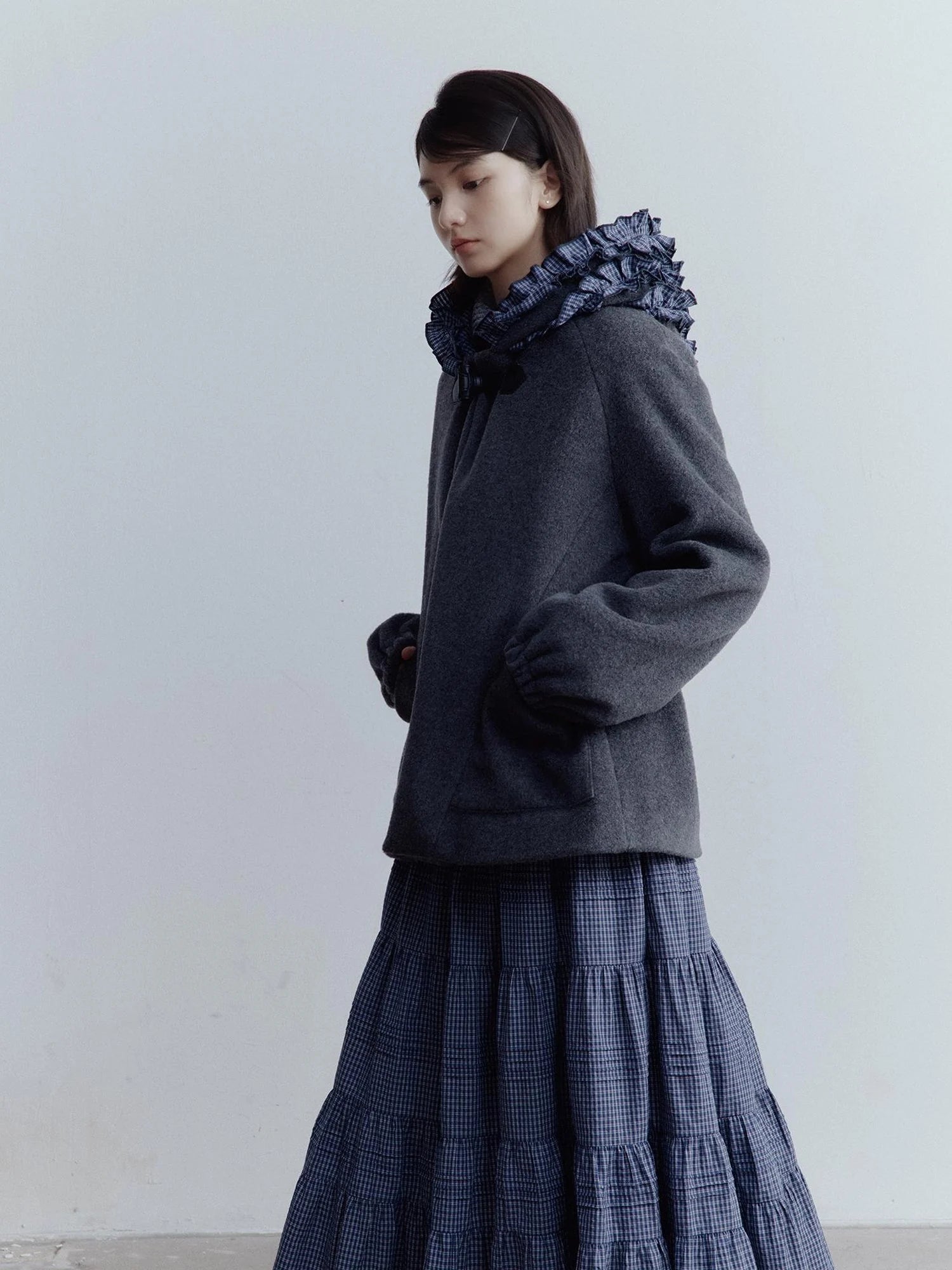 Wool Blend Hooded Coat with Layered Ruffle Trim and Patch Pockets