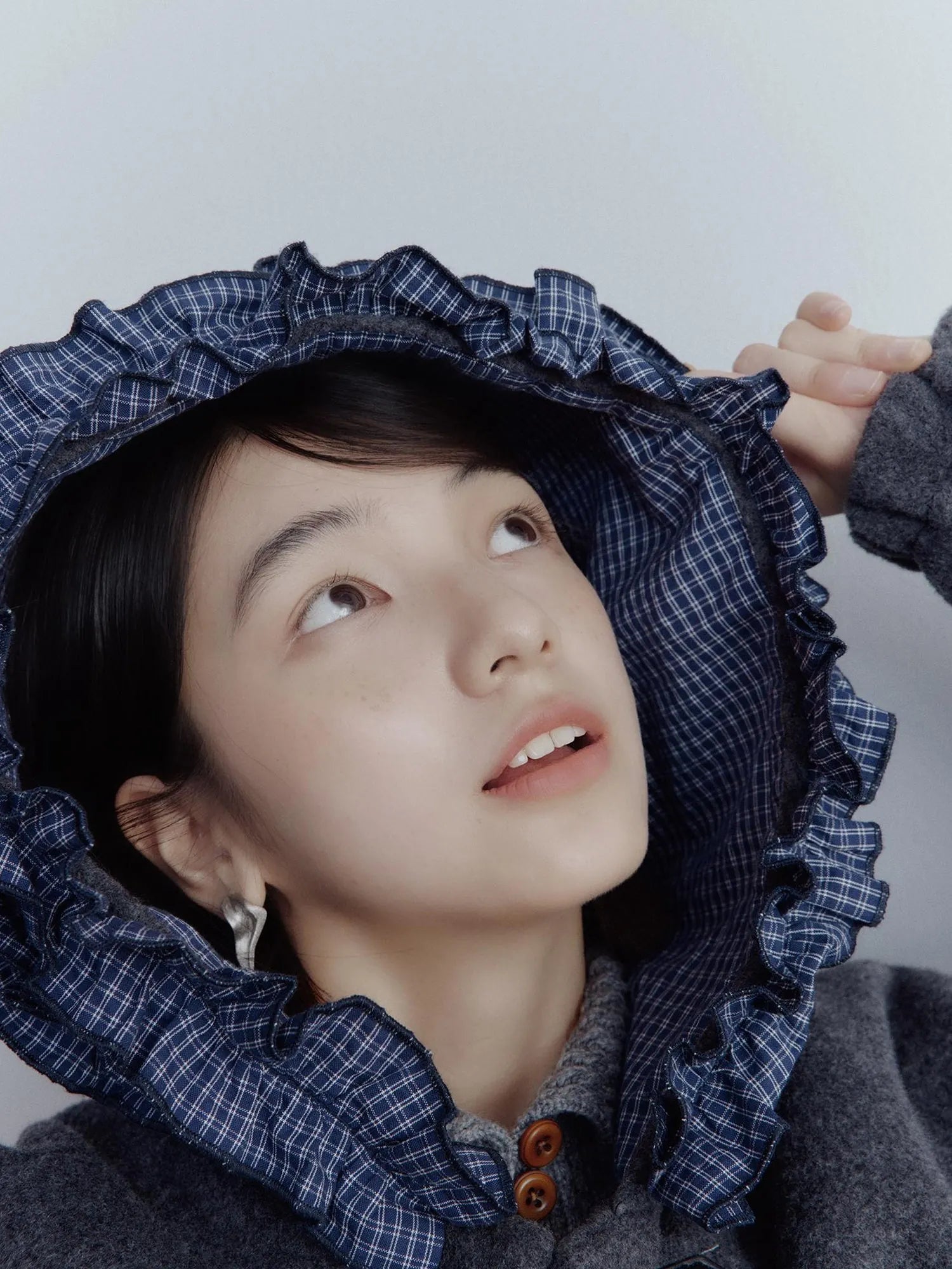 Wool Blend Hooded Coat with Layered Ruffle Trim and Patch Pockets