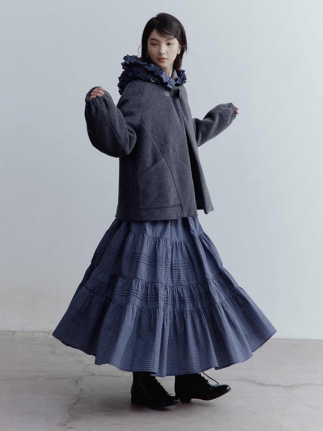 FUSSED Wool Blend Hooded Coat with Layered Ruffle Trim and Patch Pockets