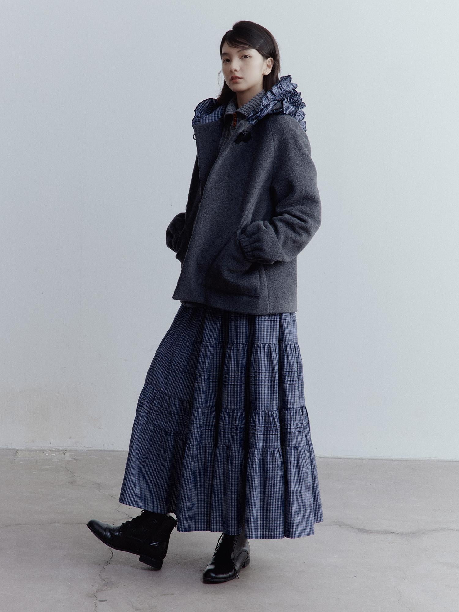 FUSSED Wool Blend Hooded Coat with Layered Ruffle Trim and Patch Pockets