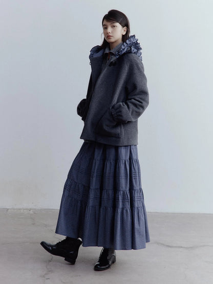 Wool Blend Hooded Coat with Layered Ruffle Trim and Patch Pockets