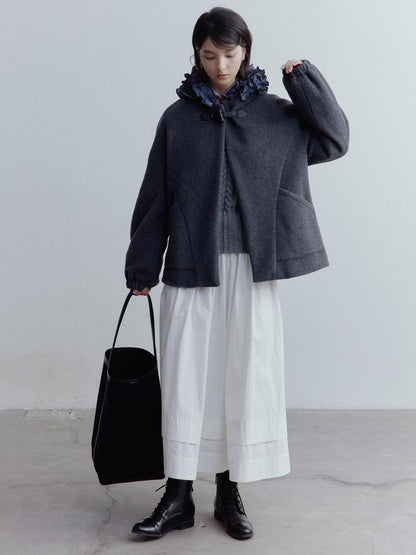 FUSSED Wool Blend Hooded Coat with Layered Ruffle Trim and Patch Pockets