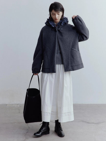 Wool Blend Hooded Coat with Layered Ruffle Trim and Patch Pockets