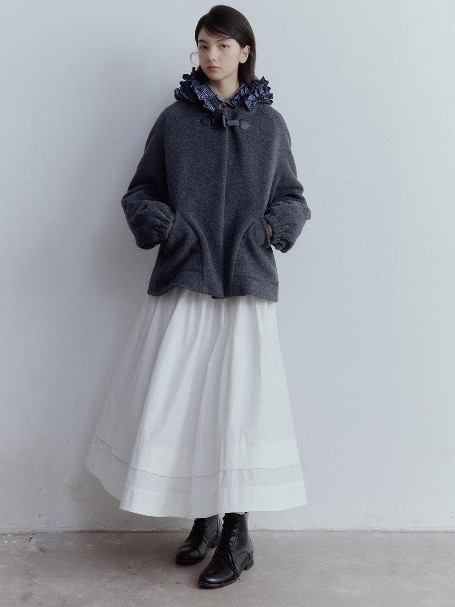 FUSSED Wool Blend Hooded Coat with Layered Ruffle Trim and Patch Pockets