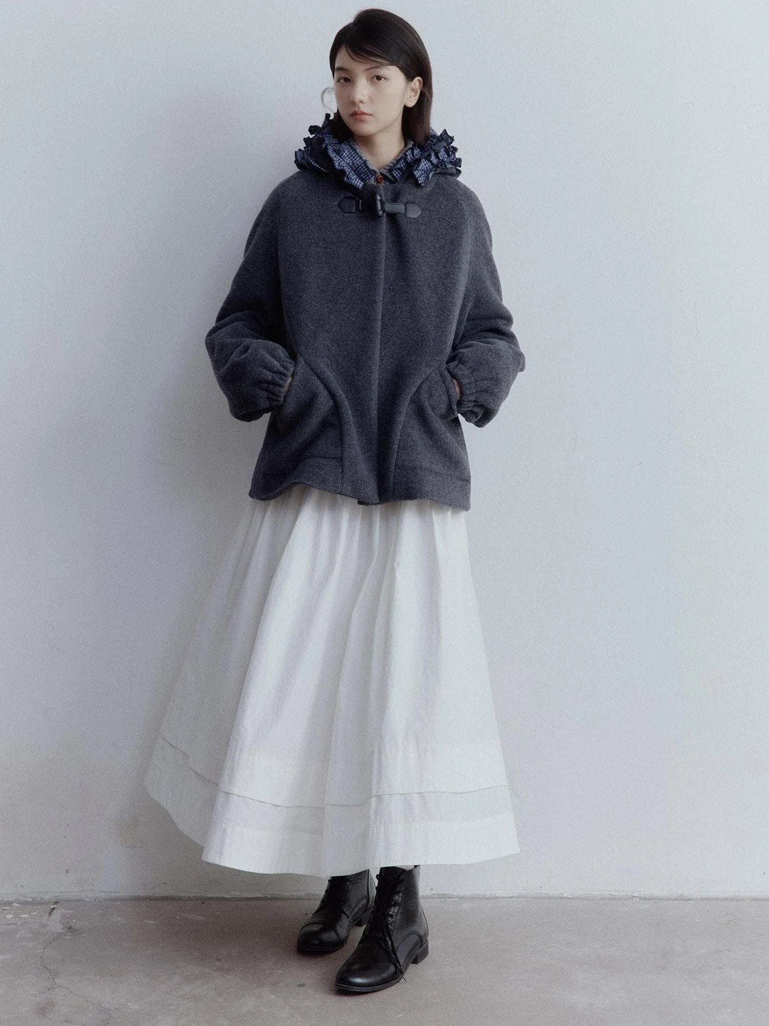 Wool Blend Hooded Coat with Layered Ruffle Trim and Patch Pockets
