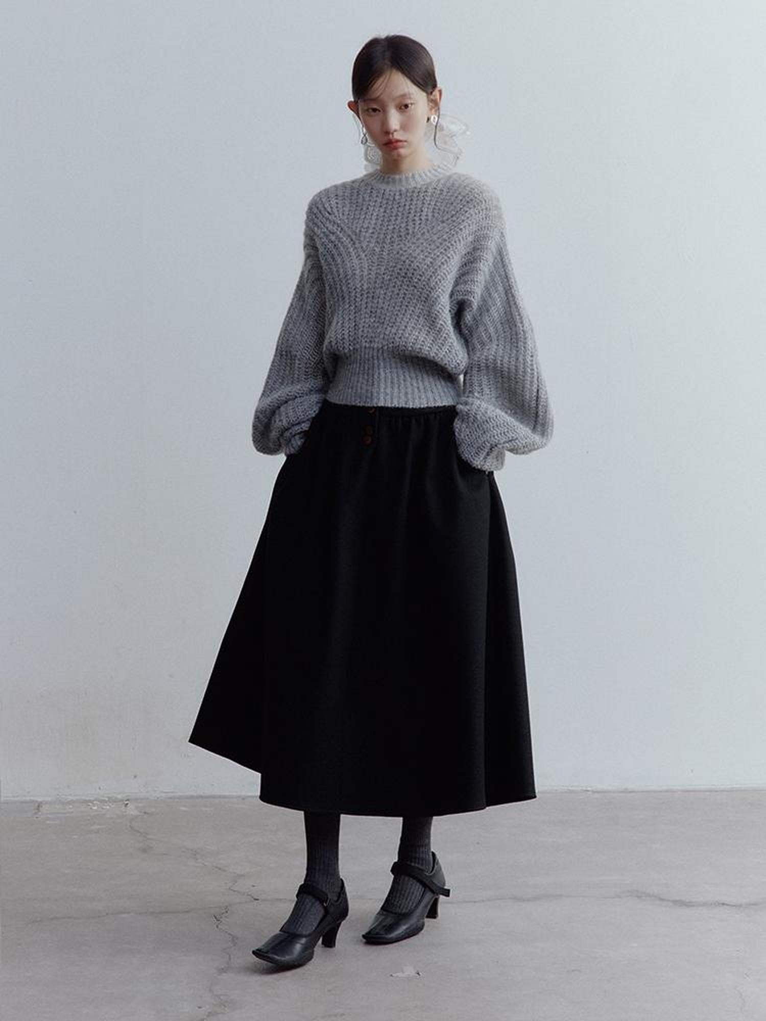 FUSSED Wool Blend Textured A Line Midi Skirt with High Waist