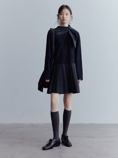 FUSSED_Wool_Patchwork_Pleated_A_Line_Loose_Fit_Long_Sleeve_Scarf_Collar_Midi_Dresses_MISSTT