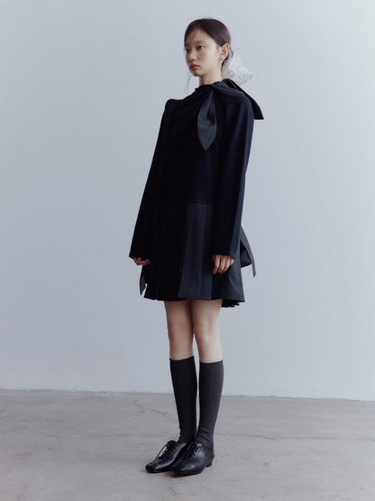 FUSSED Wool Patchwork Pleated A Line Loose Fit Long Sleeve Scarf Collar Midi Dresses