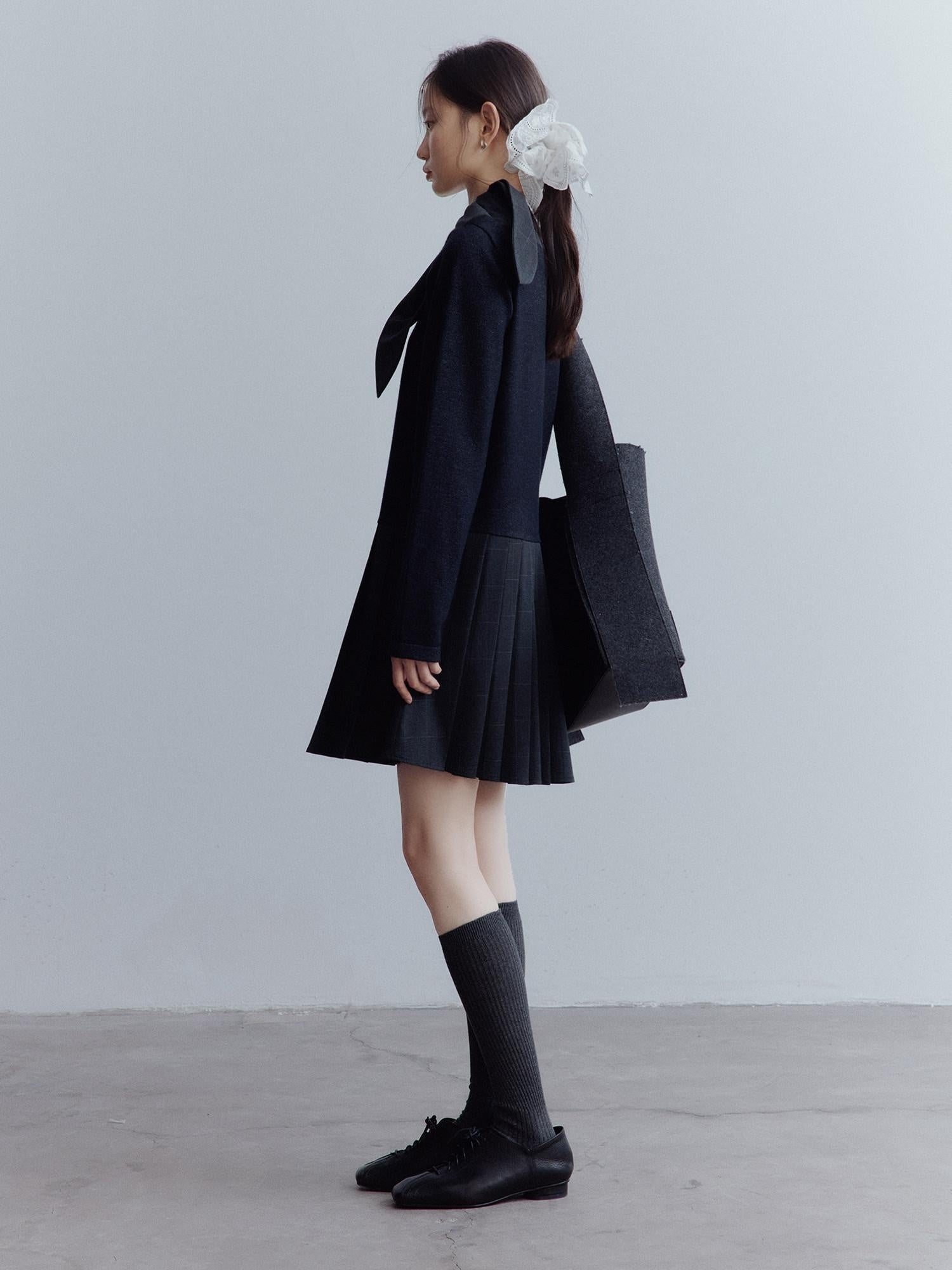 FUSSED Wool Patchwork Pleated A Line Loose Fit Long Sleeve Scarf Collar Midi Dresses