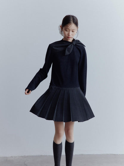 FUSSED Wool Patchwork Pleated A Line Loose Fit Long Sleeve Scarf Collar Midi Dresses