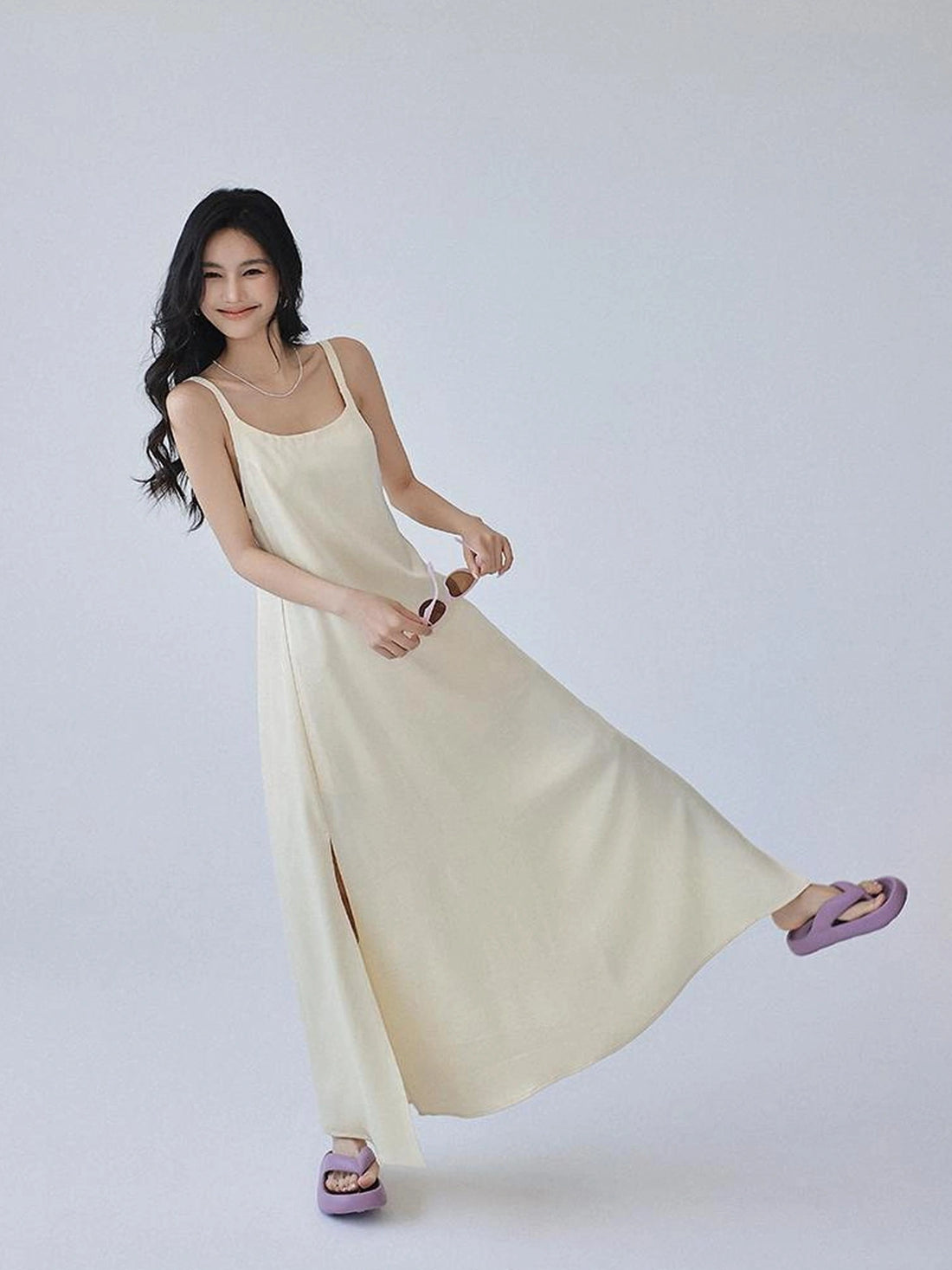 FU FRESH UP Acetate Satin Slip Maxi Dress With High Slit