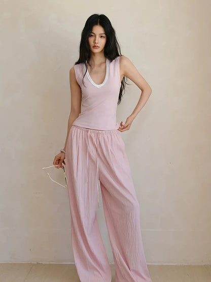 FU FRESH UP Airy Pleated Drawstring Wide Leg Pants