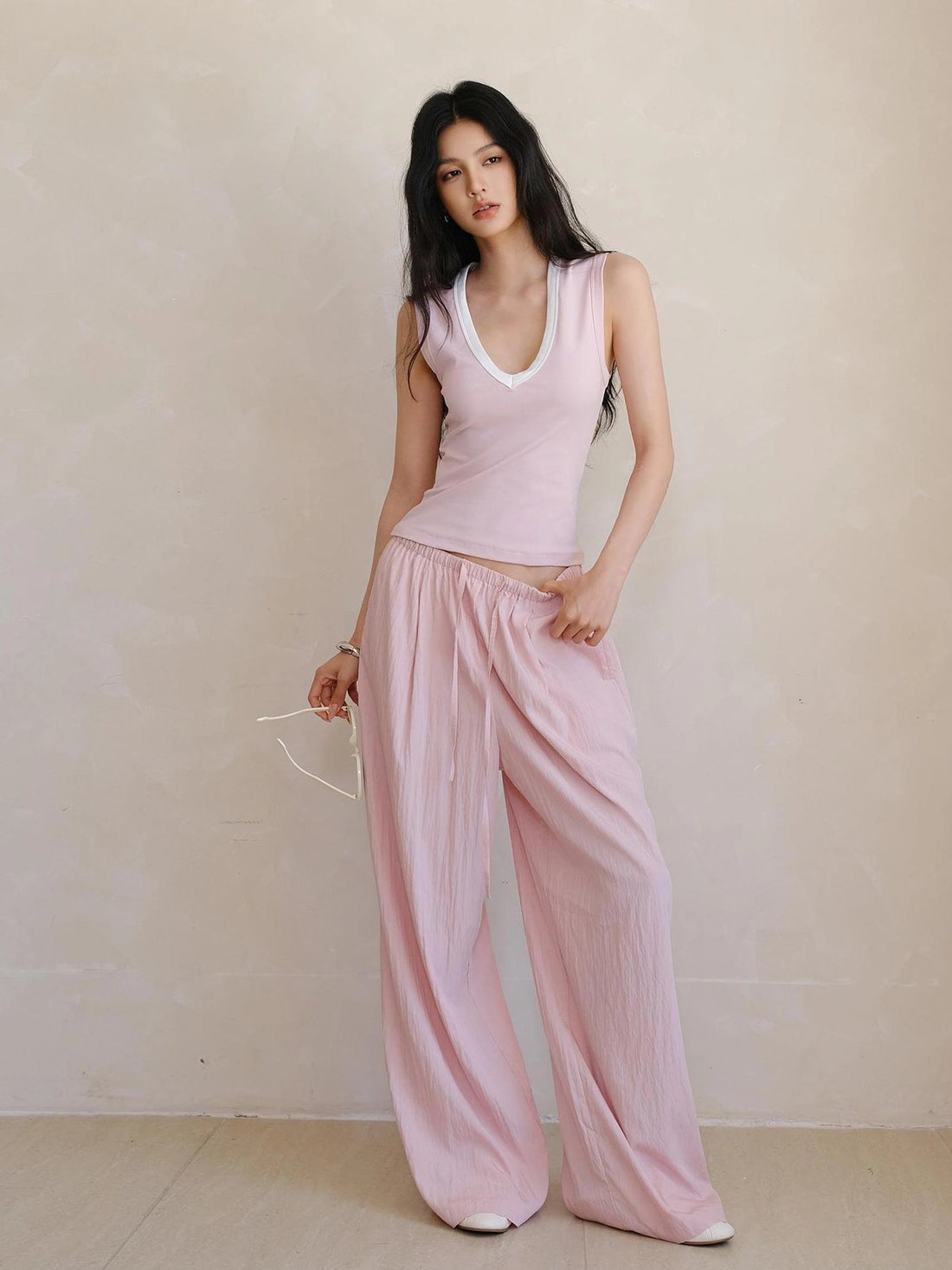 FU FRESH UP Airy Pleated Drawstring Wide Leg Pants