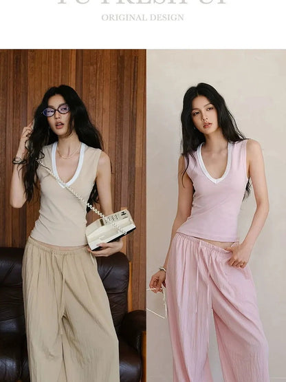 FU FRESH UP Airy Pleated Drawstring Wide Leg Pants