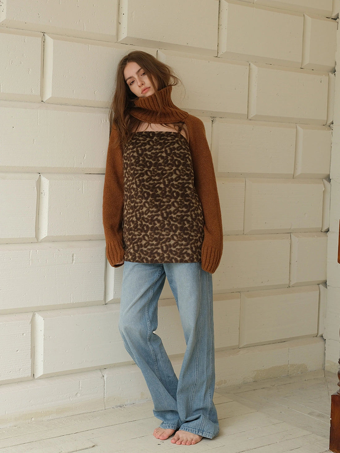 FU FRESH UP Alpaca Wool High Neck Poncho Sweater With Detachable Sleeves
