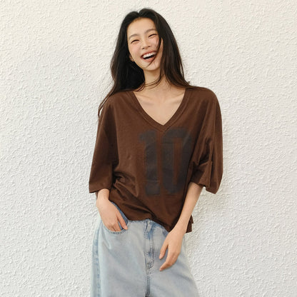 FU_FRESH_UP_American_Retro_Print_V-neck_Elbow_Sleeve_No_10_Jersey_Women&