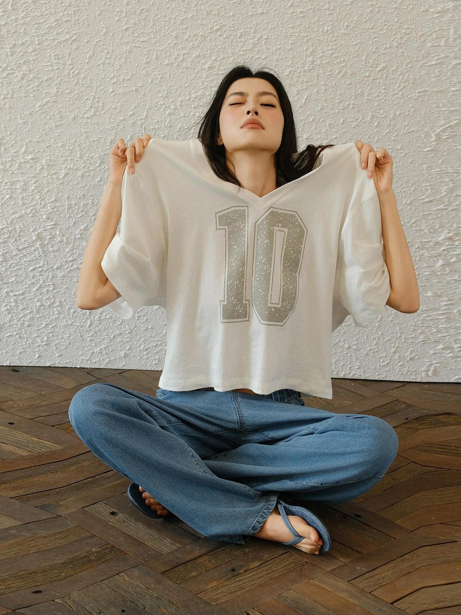 FU FRESH UP American Retro Print V-neck Elbow Sleeve No 10 Jersey Women&