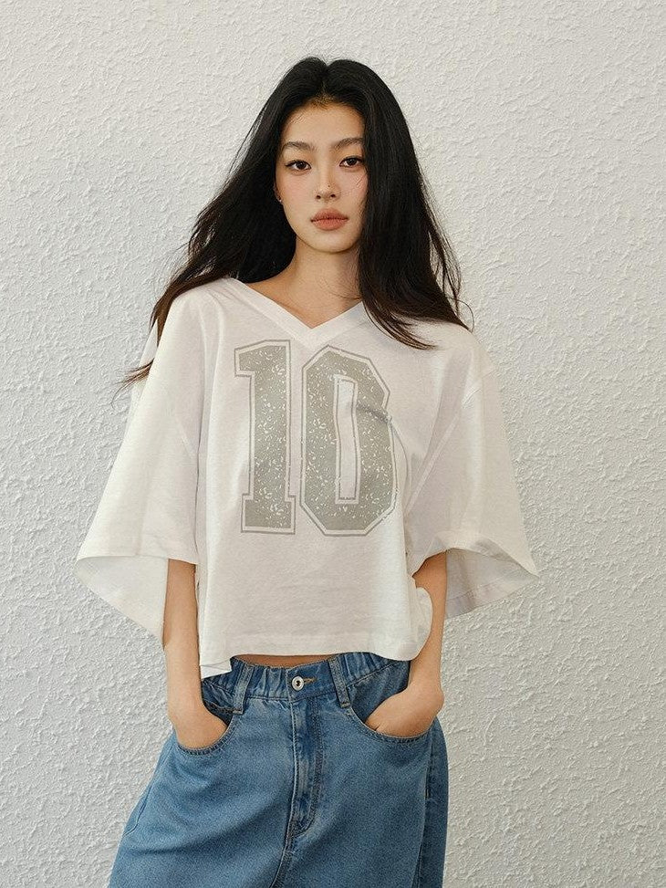 FU FRESH UP American Retro Print V-neck Elbow Sleeve No 10 Jersey Women&
