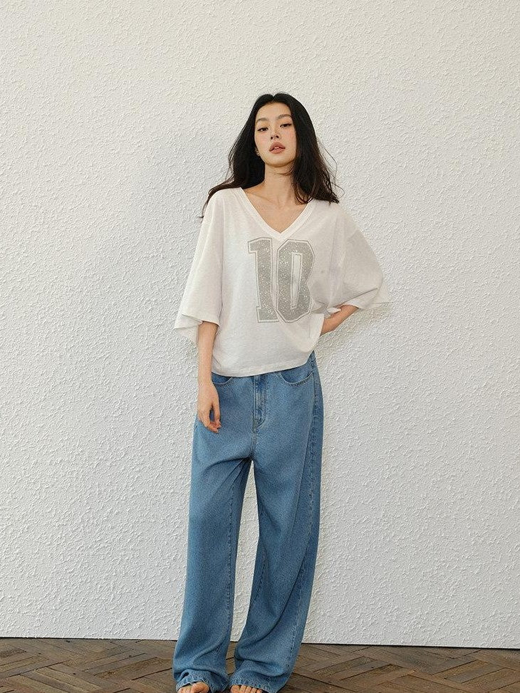 FU FRESH UP American Retro Print V-neck Elbow Sleeve No 10 Jersey Women&