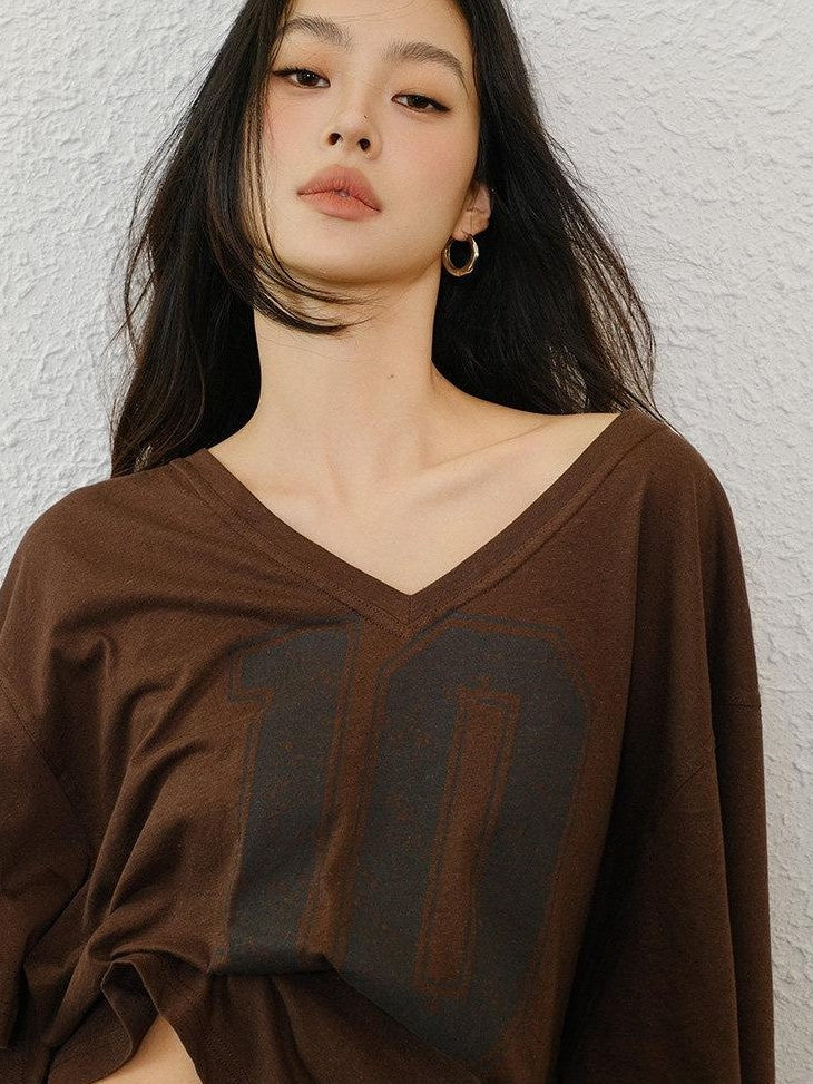FU FRESH UP American Retro Print V-neck Elbow Sleeve No 10 Jersey Women&