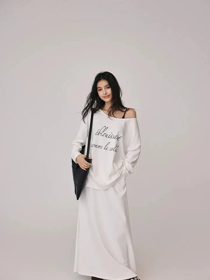 FU FRESH UP Asymmetric Shoulder Letter Print T-shirt Dress Set