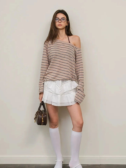 FU FRESH UP Asymmetric Shoulder Rayon Striped Tee