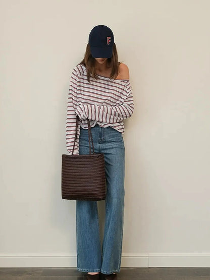 FU FRESH UP Asymmetric Shoulder Rayon Striped Tee