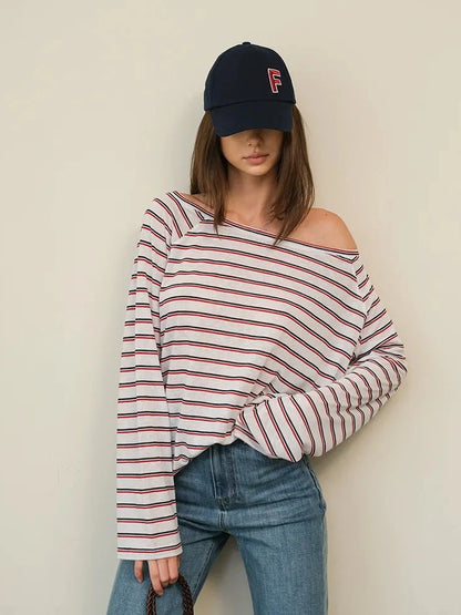 FU FRESH UP Asymmetric Shoulder Rayon Striped Tee