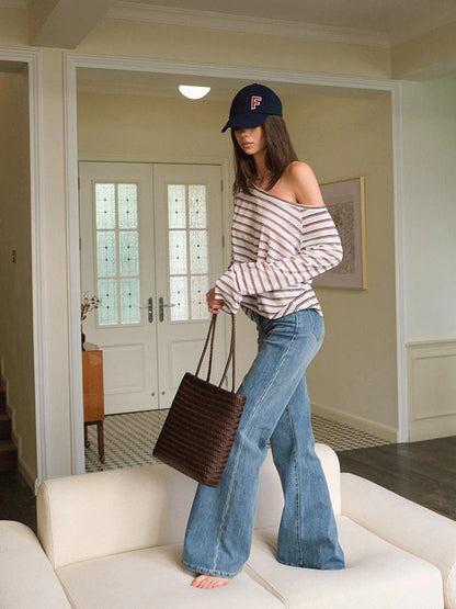 FU FRESH UP Asymmetric Shoulder Rayon Striped Tee