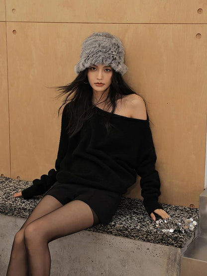 FU FRESH UP Asymmetric Wool Off Shoulder Sweater