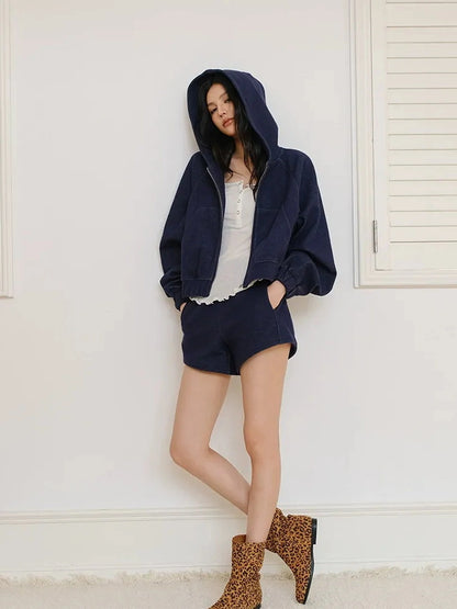 FU FRESH UP Athflow Denim Texture Hoodie And Shorts Set