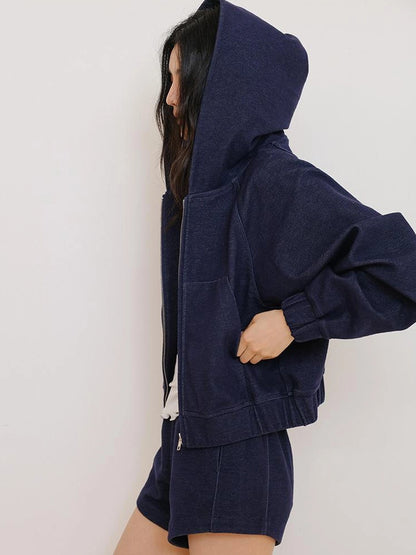 FU FRESH UP Athflow Denim Texture Hoodie And Shorts Set