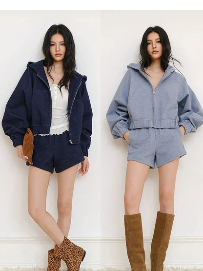 FU FRESH UP Athflow Denim Texture Hoodie And Shorts Set