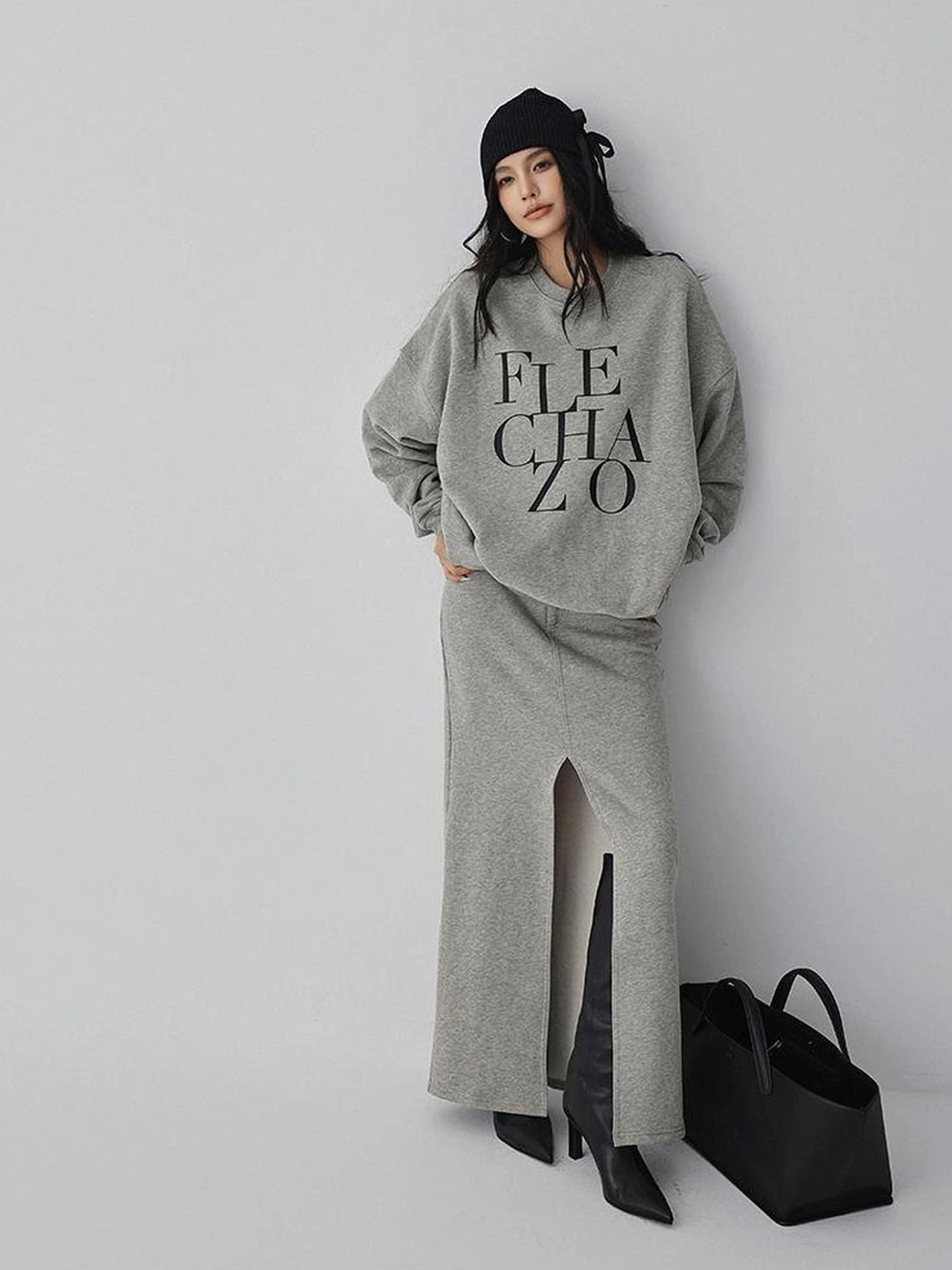 FU FRESH UP Athleisure Letter Print Hoodie Set With Slit Skirt