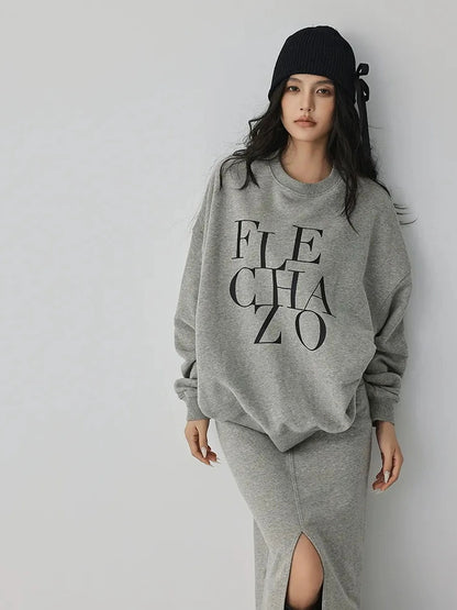 FU FRESH UP Athleisure Letter Print Hoodie Set With Slit Skirt