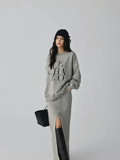 FU FRESH UP Athleisure Letter Print Hoodie Set With Slit Skirt
