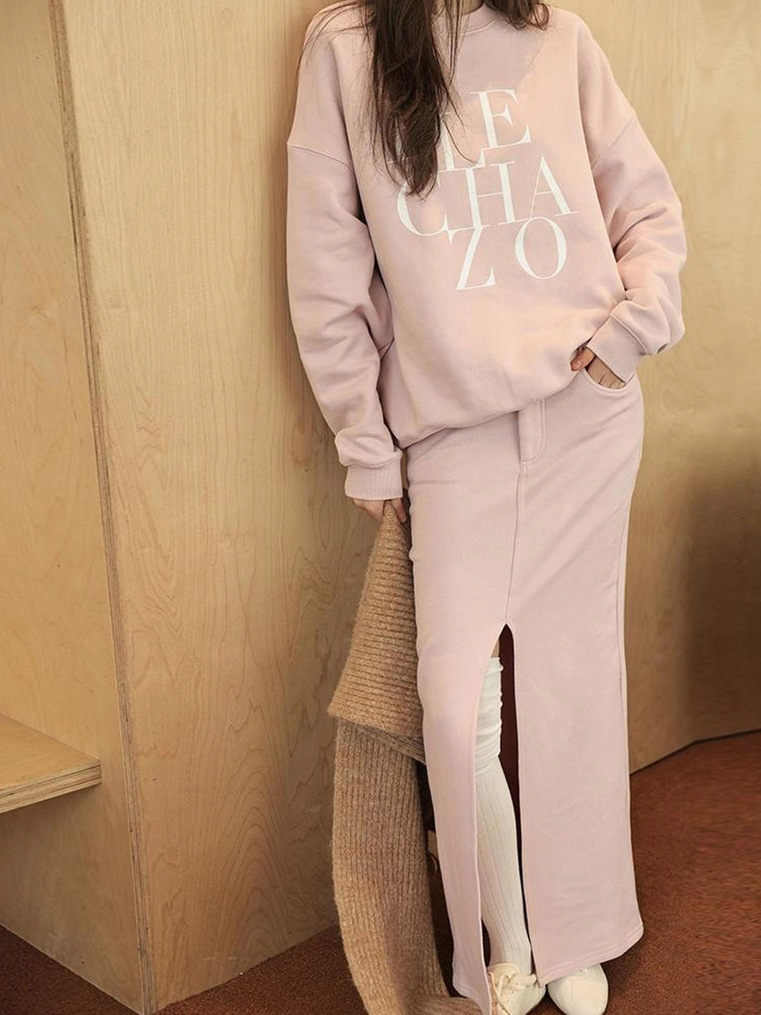 FU FRESH UP Athleisure Letter Print Hoodie Set With Slit Skirt