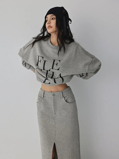 FU FRESH UP Athleisure Letter Print Hoodie Set With Slit Skirt