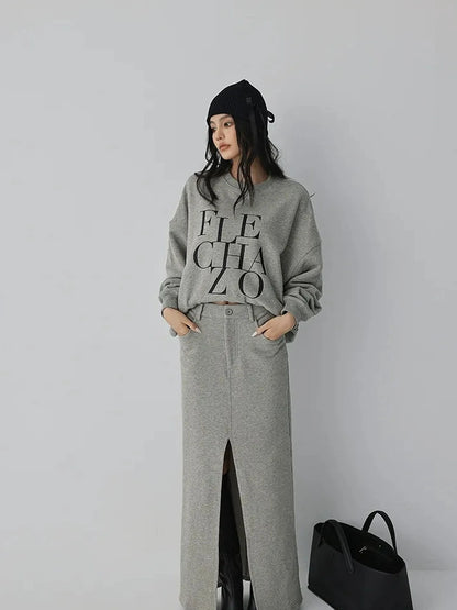 FU FRESH UP Athleisure Letter Print Hoodie Set With Slit Skirt