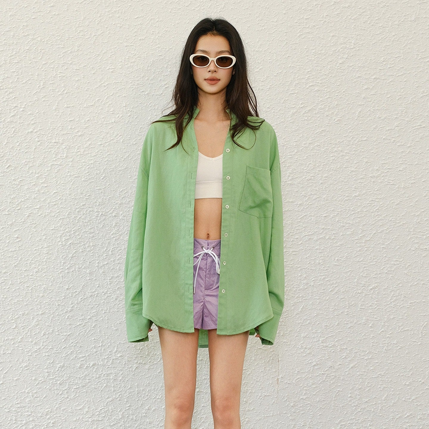 FU_FRESH_UP_Avocado_Green_V-neck_Buttoned_Relaxed_Long_Sleeve_Women&