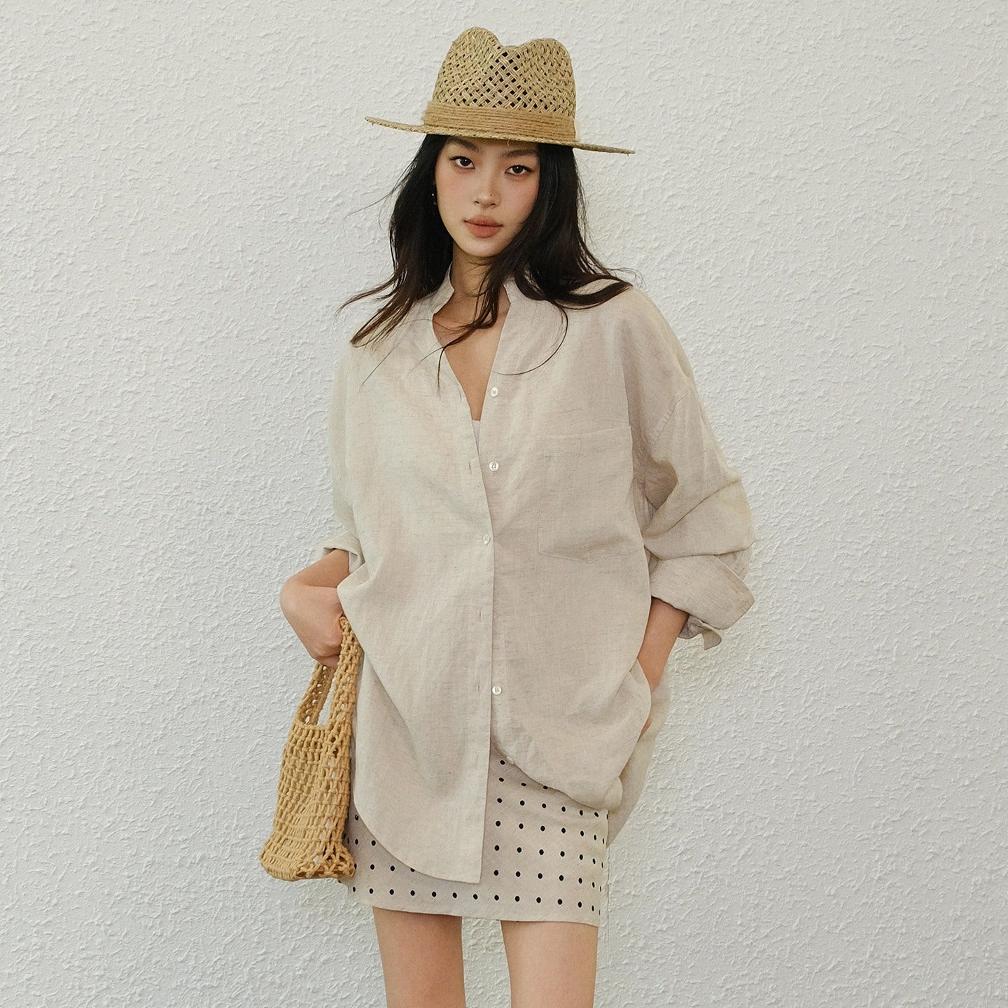 FU_FRESH_UP_Avocado_Green_V-neck_Buttoned_Relaxed_Long_Sleeve_Women&