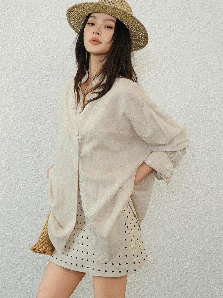 FU FRESH UP Avocado Green V-neck Buttoned Relaxed Long Sleeve Women&