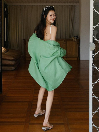 FU FRESH UP Avocado Green V-neck Buttoned Relaxed Long Sleeve Women&