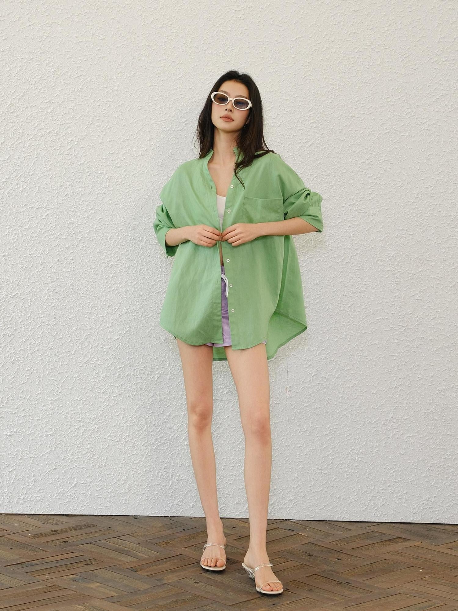 FU FRESH UP Avocado Green V-neck Buttoned Relaxed Long Sleeve Women&